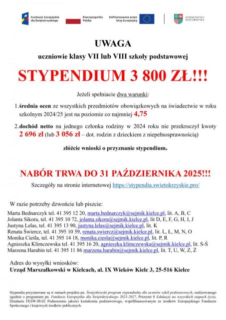 Stypendium dla uczniów klas VII i VIII